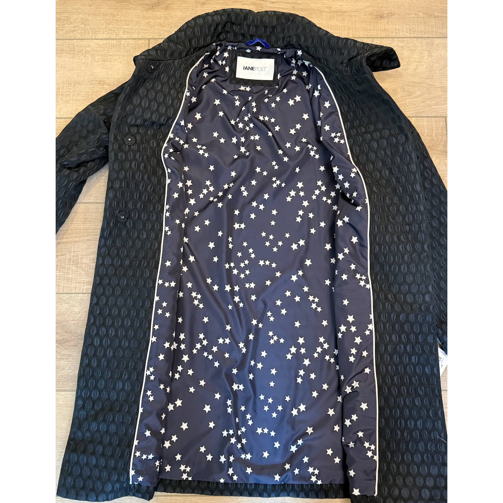 Nwt Jane Post Navy Hidden Quilted Jacquard Star Lined Rain Jacket Coat $745 Sz S — image 6 of 8